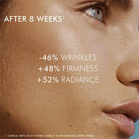 Image 1, After 8 weeks: -46% wrrinkles, +48% firmness and +52% radiance. Image 2, 25% recycled glass.
