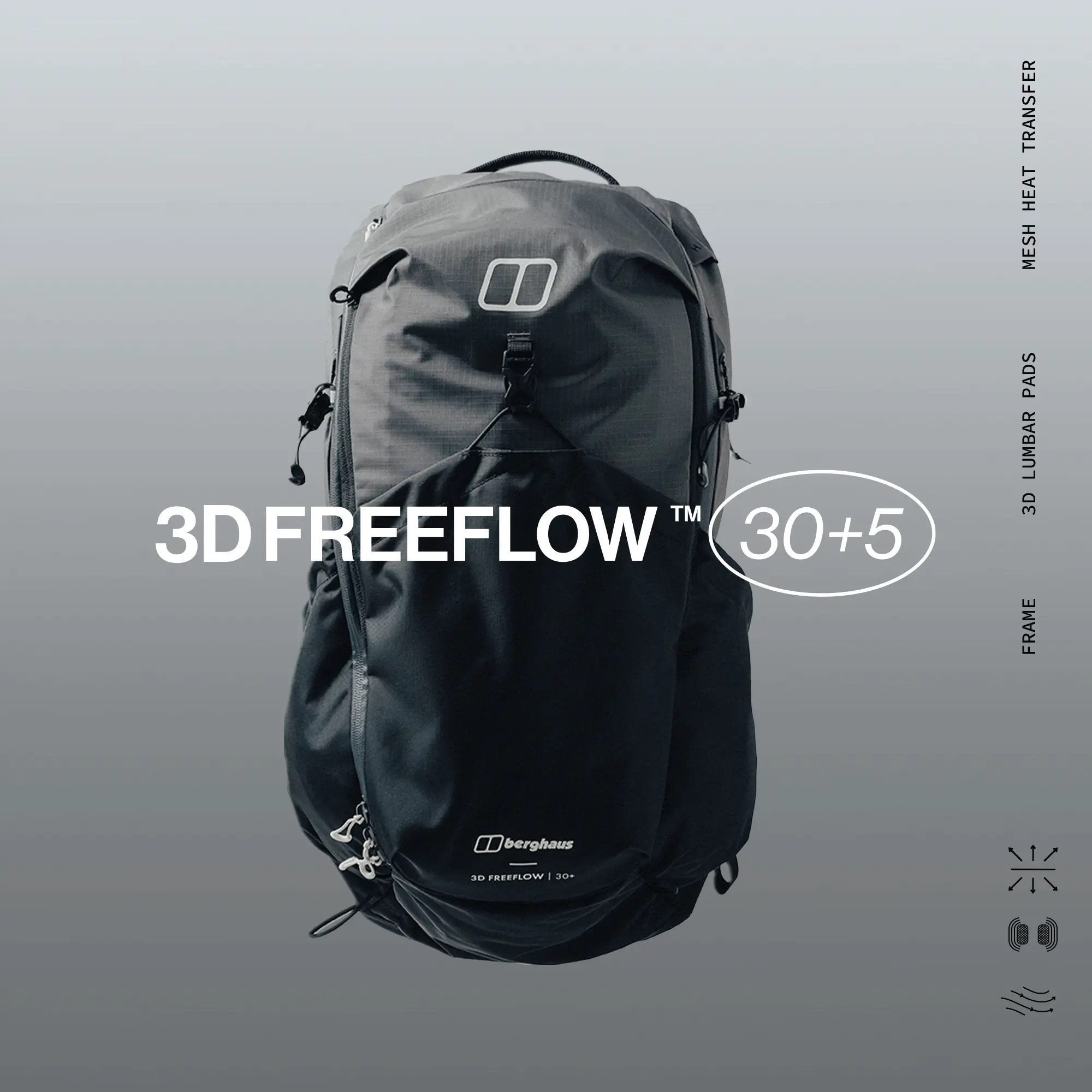 3D Freeflow. Frame. 3D Lumbar Pads. Mesh Heat Transfer.