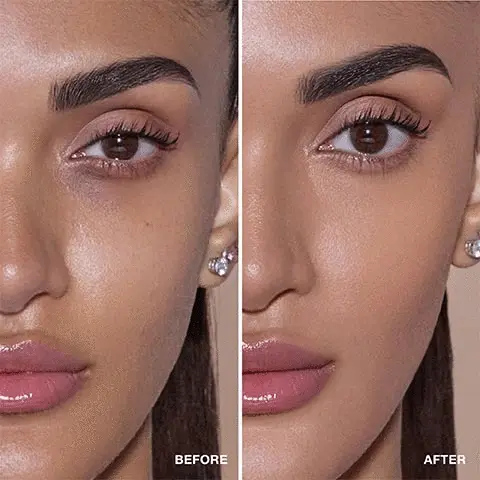 There are three images total in this section. The first image shows a before and after model shot. On the left hand side, the model has not yet used the magic touch concealer and on the right, after application we can see that shiny skin and dark circles have been covered up. The second image shows another before and after shot, this one is closer up and again shows how the dark circles have been covered up after application. The final and third photo shows three arms of various skin tones, each arm has a numbered colour swatch one. 1, 2 , 3, 4, 5, 6, 7 swatches are on the fair coloured arm, 8, 9, 10, 11, 12, 13, 14, 15, 16 on the medium and 17, 18, 19, 20, 21, 22 and 23 are on the darker tone.