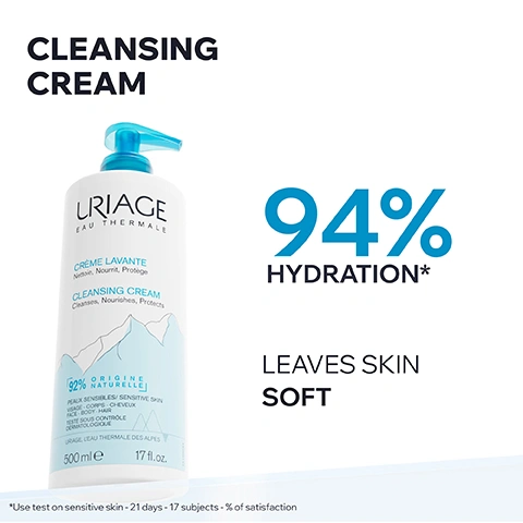 Image 1 - A white bottle of Uriage Cleansing Cream with a blue pump dispenser is shown, with visible text on the image reading: CLEANSING CREAM, 94% HYDRATION*, LEAVES SKIN SOFT. Text on the bottle includes: URIAGE EAU THERMALE, CRÈME LAVANTE Nettoie, Nourrit, Protège, CLEANSING CREAM Cleanses, Nourishes, Protects, 92% ORIGINE NATURELLE, PEAUX SENSIBLES/ SENSITIVE SKIN, VISAGE - CORPS - CHEVEUX, FACE - BODY - HAIR, TESTÉ SOUS CONTRÔLE DERMATOLOGIQUE, URIAGE, LEAU THERMALE DES ALPES, 500 ml e, 17 fl.oz. The small print at the bottom states: *Use test on sensitive skin - 21 days - 17 subjects - % of satisfaction. Image 2 - Alt text generation failed Image 3 - An image displays three ingredients in dishes with their benefits: white shea butter, yellow meadowfoam and sunflower oil, and clear Uriage repairing thermal water, with text that reads ADVANCED DERMATOLOGICAL FORMULA, SHEA BUTTER Nourishes, leaves the skin supple & soft, MEADOWFOAM & SUNFLOWER OIL Hydrates, softens & protects the skin, URIAGE REPAIRING THERMAL WATER 100% pure & natural. Repairs all skin types & improves skin quality. Image 4 - An infographic displays four icons each paired with text on a white background, featuring the title Committed to Healthy Skin; a doctor icon with Developed & Recommended by Dermatologists; a family in a heart icon with Suitable for the Whole Family; a crossed-out soap icon with Soap-Free; and a leaf icon with 92% Ingredients of Natural Origin. Image 5 - A smiling Black woman with braids wearing a white collared shirt is pictured next to a quote that reads: RECOMMENDED BY DERMATOLOGISTS. Daily use of a gentle, moisturizing cleanser is the key to the health of every type of skin. Certified dermatologist Dr. Emma Amoafo-Mensah. Image 6 - The image shows three Uriage Eau Thermale skincare products on a white background, arranged left to right to demonstrate an intense hydration routine, with text reading INTENSE HYDRATION SOLUTION CLEANSES CLEANSING CREAM MOISTURIZES SILKY LOTION HYDRATES CREAM STEP 1 URIAGE EAU THERMALE CRÈME LAVANTE Nettoie, Nourrit, Protège CLEANSING CREAM Cleanses, Nourishes, Protects 92% ORIGINE NATURELLE PEAUX SENSIBLES/ SENSITIVE SKIN VISAGE - CORPS - CHEVEUX FACE - BODY - HAIR TESTÉ SOUS CONTRÔLE DERMATOLOGIQUE URIAGE, LEAU THERMALE DES ALPES 500mle 17 fl.oz. STEP 2 URIAGE EAU THERMALE HYALURONIC ACID + KARITÉ/SHEA BUTTER EAU THERMALE Lait velouté corps Hydratation 24h, effet lissant Silky body lotion 24h hydration, smoothing effect HYDRATATION - NUTRITION - CONFORT HYDRATION - NUTRITION - COMFORT Peaux sèches, sensibles Dry, sensitive skin URIAGE, LEAU THERMALE DES ALPES 500mle 17 fl.oz. STEP 3 URIAGE EAU THERMALE EAU THERMALE Gelée deau Water jelly HYDRATATION - ÉCLAT HYDRATION - BRIGHTNESS Peaux normales à mixtes Normal to combination skin URIAGE, LEAU THERMALE DES ALPES.