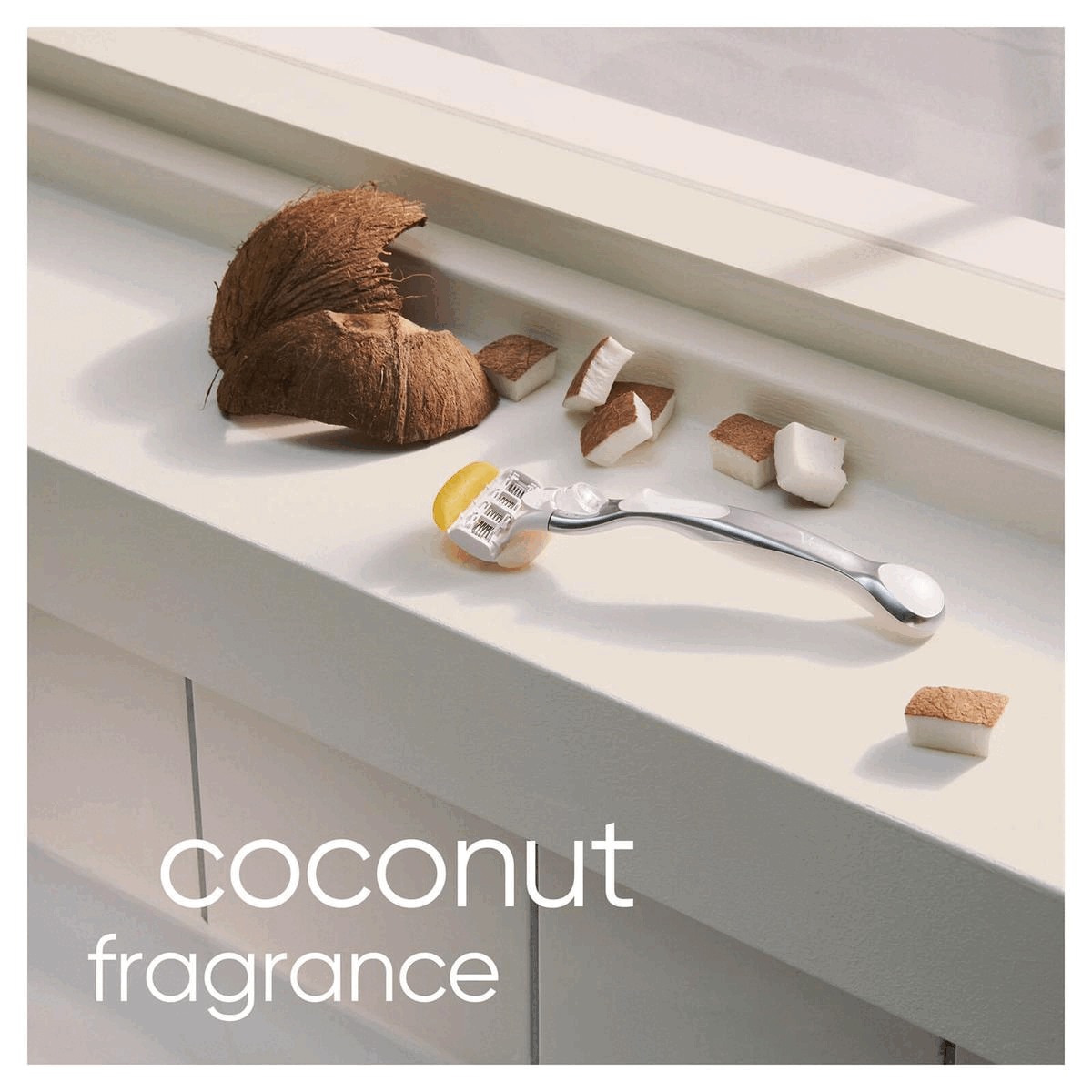 Image 1 Product near window with pieces of coconut, coconut fragranceImage 2 Product on sink with other blades, fits any Venus handle Image 3 Product on white surface, metal handle: built to last
                          Image 4 Partnered with: TERRACYCLE worldwide razor recycling