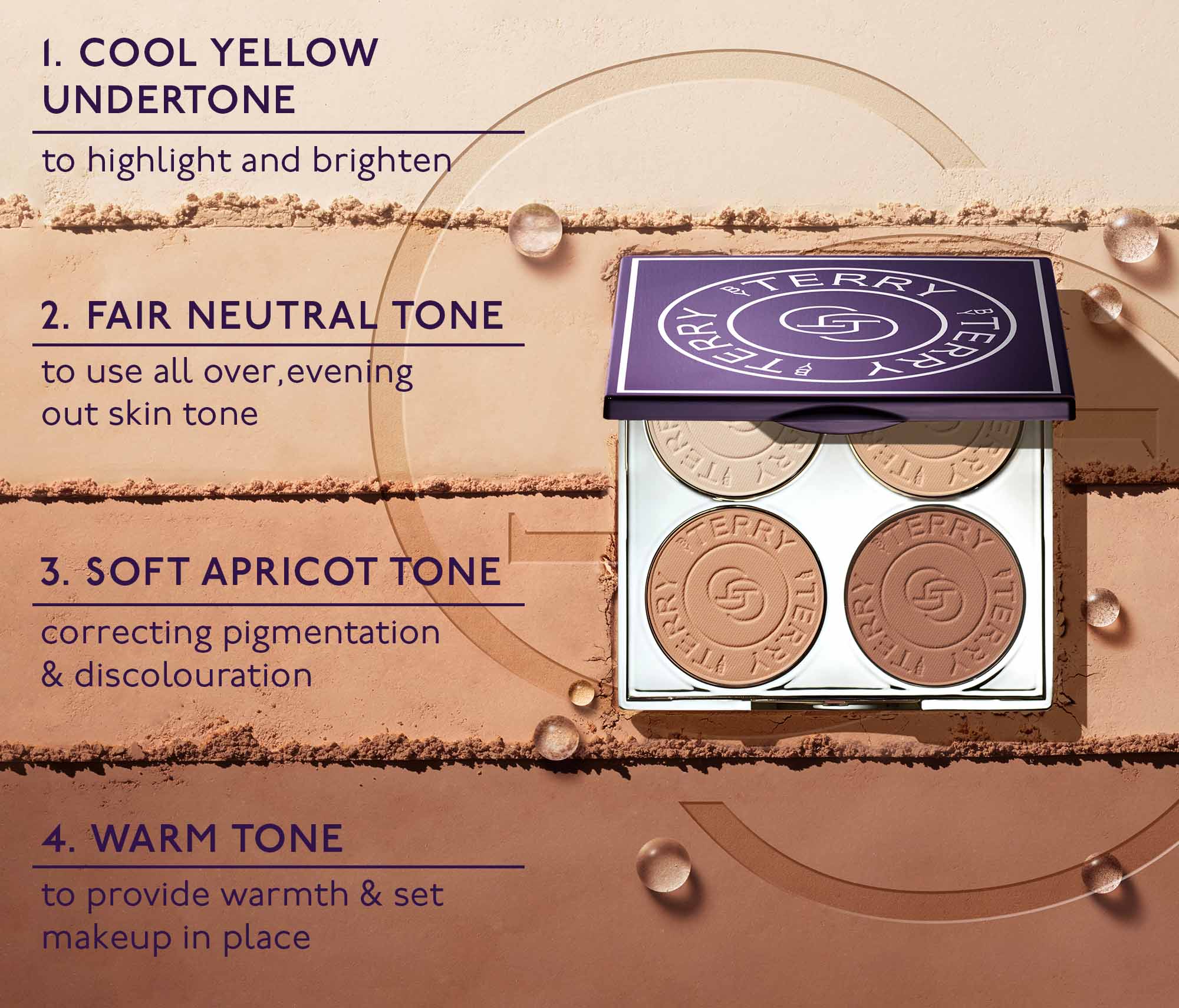 I. COOL YELLOW UNDERTONE 
                                  to highlight and brighten 4-4 2. FAIR NEUTRAL TONE 
                                  to use all over,evening out skin tone 3. SOFT APRICOT T9NE 
                                  correcting pigmentation' & discoLouration 4. WARM TONE to provide warmth & set makeup in place 