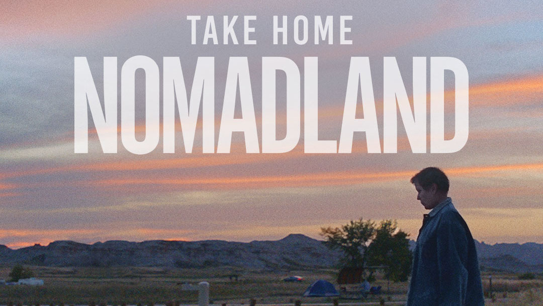 Banner showing a man standing in the desert at dusk. Text reads Take Home Nomadland