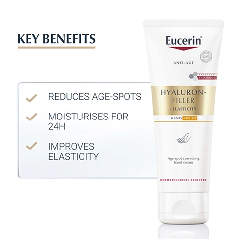 Image 1 - Image of a Eucerin hand cream tube labeled Hyaluron-Filler + Elasticity Hand SPF 30 with key benefits listed: reduces age-spots, moisturises for 24H, and improves elasticity.
              Image 2 - A hand holding a tube of Eucerin Hyaluron-Filler Elasticity hand cream, with icons and text on the right side indicating hand, anti-age, and moisturising.
              Image 3 - Alt text: A soft-focus background with bubbles and a beige overlay contains the text CLINICALLY PROVEN RESULTS 91% CONFIRM:* MAKES YOUR HAND APPEAR YOUNGER *Product-in-use test with 120 volunteers, results after 4 weeks application.
              Image 4 - A creamy skincare product is shown on a white background with labels pointing to its ingredients: ARCTIIN, THIAMIDOL, and HYALURONIC ACID.
              Image 5 - Image showing a cream or lotion with text highlighting key ingredients: Thiamidol which reduces age-spots and prevents their appearance, Arctiin which accelerates the collagen renewal process in skin cells, and Hyaluronic Acid which helps skin maintain its natural moisture balance without drying.