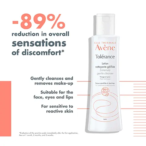 -89% reduction in overall sensations of discomfort. Gently cleanses and removes make-up. Suitable for the face, eyes and lips. For sensitive to reactive skin. Evaluation of the sensitive scale immediately after the first application, then at 1 month, 2 months and 3 months. Cleansing, no-rinse, soothing, 99% of natural origin ingredients. Cleanse & remove makeup tolerance extremely gentle cleanser. 2 Soothe avene thermal spring water. 3 Relieve & Hydrate tolerance control soothing skin recovery cream. Key Ingredients, D-Sesinose tm Ultra-calming patented postbiotic active ingredient. Avene thermal spring water, soothing, softening and anti-irritating.