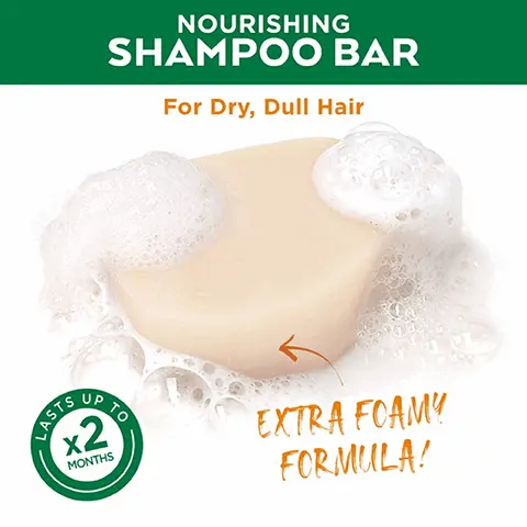 Image 1, nourishing shampoo for dry dull hair, lasts up to 2x months,extra foam formula. Image 2,HOW TO USE YOUR
              SHAMPOO BAR 1 Wet hair & shampoo bar to make it foam 2 Hold the Bar & lather from root to tips. Keep massaging,rinse thoroughly 3 Store in a box or dry place Image 3, cruelty free international all garnier products are offically approved by cruelty free in international under the leaping bunny program