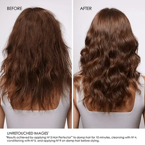 Image 1-4, before and after unretouched images results achieved by applying no3 hair perfector to damp hair for 10 minutes cleansing with no4 conditioning with no5 and applying no9 on damp hair before styling