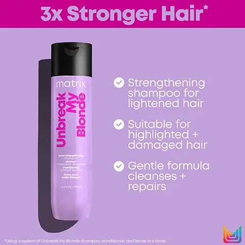 Image 1, Image 1, 3x Stronger Hair* matrix My Unbreak Blonde bond strengthering shompoo talecedor de en shampooing CA Aide FLO2/0 Strengthening shampoo for lightened hair Suitable for highlighted + damaged hair Gentle formula cleanses + repairs "Using a system of Unbreak My Blonde shampoo, conditioner, and leave-in 6 times Image 2, 3x Stronger Hair matrix Unbreak My Blonde bond strengthering talecedor de e revitalis CA desons 10: FLO2/300 Strengthening conditioner for lightened hair Suitable for highlighted + damaged hair Leaves hair soft, shiny + stronger "Using a system of Unbreak My Blonde shampoo, conditioner, and leave-in 6 times Image 3, Unbreak My Blonde Revives damaged, over-processed hair and reduces breakage for 3x stronger hair* Strengthen Restore matrix matrix My Blonde Unbreak Unbreak Blondy Strengthening Shampoo Strengthening Conditioner Leave-In Treatment "Using a system of Unbreak My Blonde shampoo, conditioner, and leave-in 6 times vs. non-conditioning shampoo Revive matrix My Unbreak Blonde