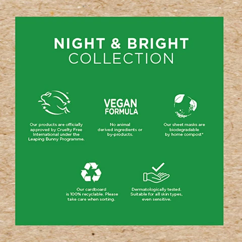 night and bright collection. our products are officially approved by cruelty free international under the leaping bunny programme. vegan formula - no animal derived ingredients or by-products. our sheet masks are biodegradable by home compost. our cardboard is 100% recyclable please take care when sorting. dermatologically tested suitable for all skin types even sensitive.