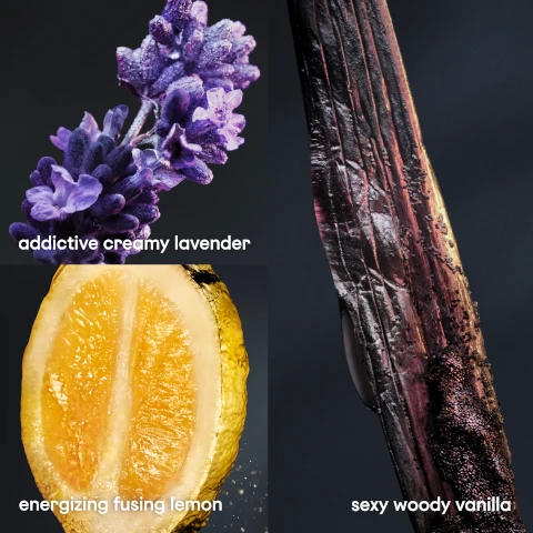 addictive creamy lavender, energizing fusing lemon, sexy woody vanilla