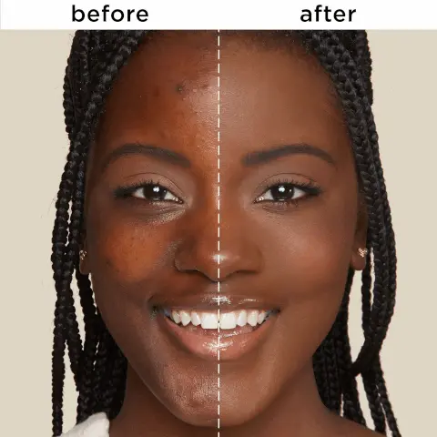 Image 1 before and after Image 2, 1. dime-sized amount 2. dot all over face forter AMAZONIAN 3. buff into skin 4. full-coverage flawless