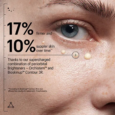 17% firmer and 10% suppler skin over time. Thanks to our supercharged combination of periorbital brighteners orchistem and bioskinup contour 3R- according to bioskinup contour 3R in vivo efficacy test results of 4 weeks with 21 participants. Day 01 vs day 14. Best eye cream. Amazing eye cream! I'm keeping it forever in my daily skincare routine. Normally, I have dark and tired eye circles. This brightened my eye area in just 5 days of using it and continues to make it look better. 5 stars- Alizza G. 4 peptides. Omegas Complex. 1% Bakuchiol. 2% Squalane. Vitamin C. Ceramide. Dosage- 1 pump to eye contour daily, tapping until the product is absorbed.