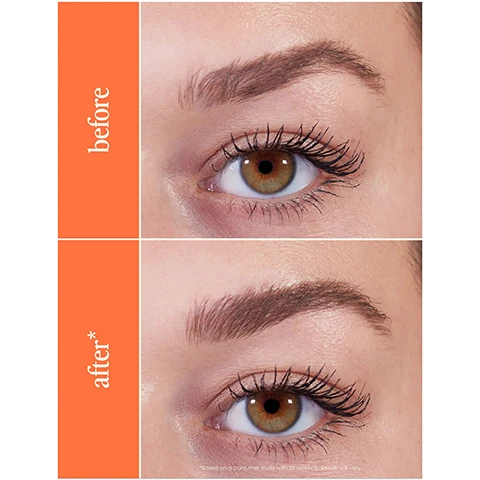Image 1 - The image shows two side-by-side comparisons of a persons eye, labeled before on the top left and after on the bottom left, highlighting differences in eyelash appearance and eyebrow shape, with the text before above the first image and after* above the second image.
              Image 2 - A makeup product is displayed on a bright orange background, featuring a brow gel tube with a brush applicator, accompanied by text that reads, give your brows a natural looking boost, infused with conditioning peptides for healthier looking brows, infused with volumizing fibers to add volume to brows, soft flexible hold that is never stiff or crunchy, cruelty-free formula made in Italy.
              Image 3 - A woman with long dark hair applies brow gel with a brush, against an orange background, featuring text that says Instantly: adds volume + flexible hold and Over time: conditioned, healthier looking brows.
              Image 4 - A close-up of a woman applying brow gel with a brush, showing her well-groomed eyebrows and a radiant smile, with the text 100% said it set brow hairs in place* at the bottom and a note about a consumer study at the bottom right.
              Image 5 - A woman with curly hair is puckering her lips while holding a brow product, with the text perfectly natural brows! and a quote saying Its so easy to use and looks natural without having to go to a salon on an orange background.