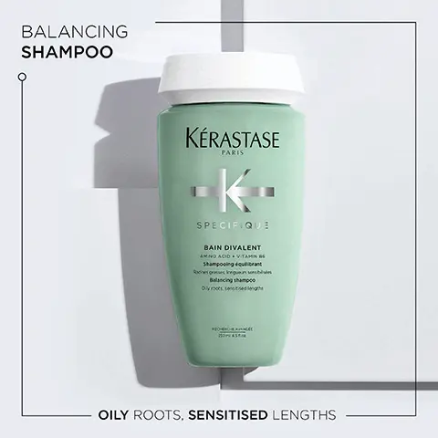 Balancing shampoo. Oily roots, sensitised lengths. Vitamin B6, Menthol, Amino Acid. Divalent. Hovig Etoyan. Global Professional Ambassador. A greasy, oil-prone scalp is a common problem. It helps balanc the sebum cycle and purify an oily scalp. Hair is Volumised and Conditioned with a healthy Shine.