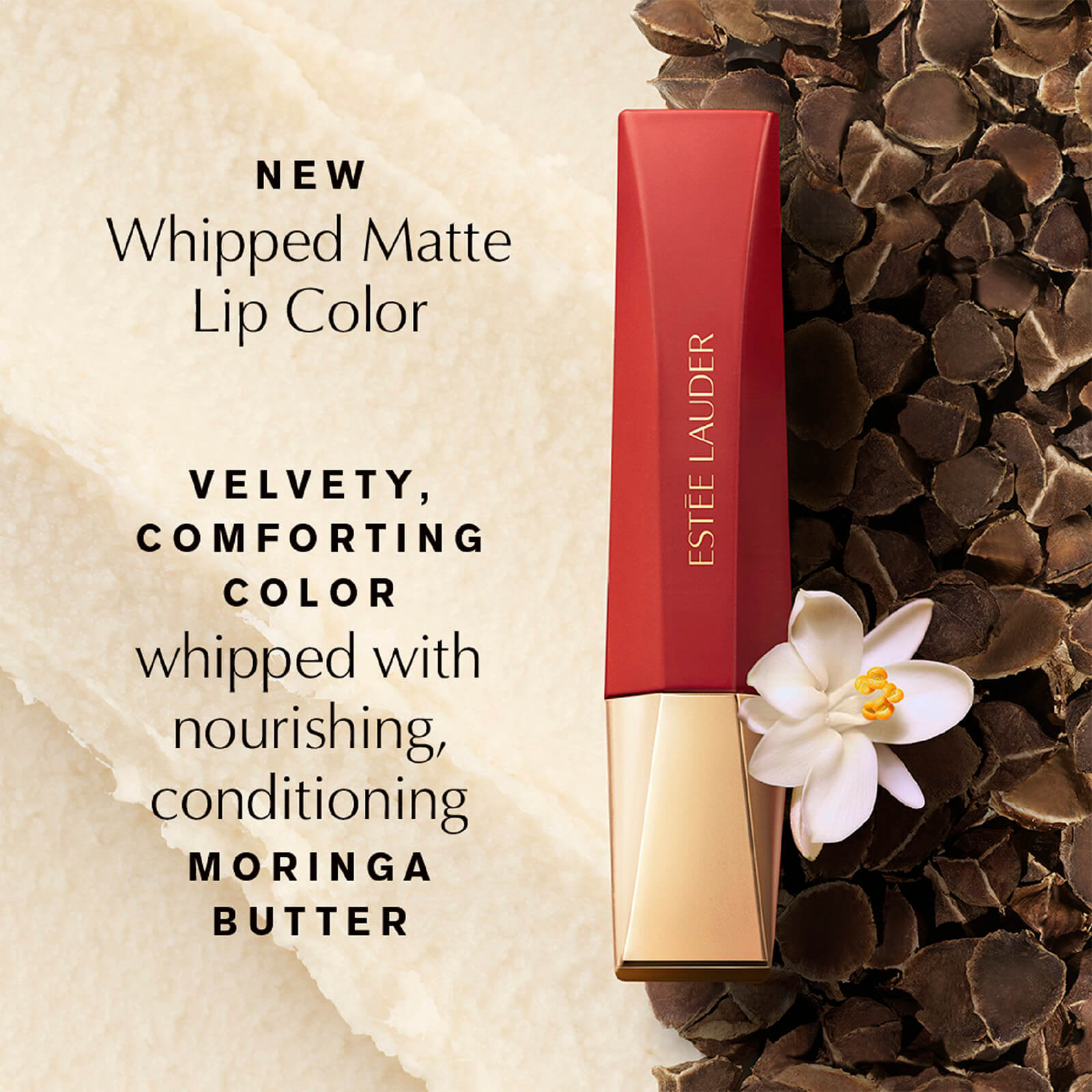 New whipped matte lip color. Velvety, comforting color whipped with nourishing, conditioning moringa butter