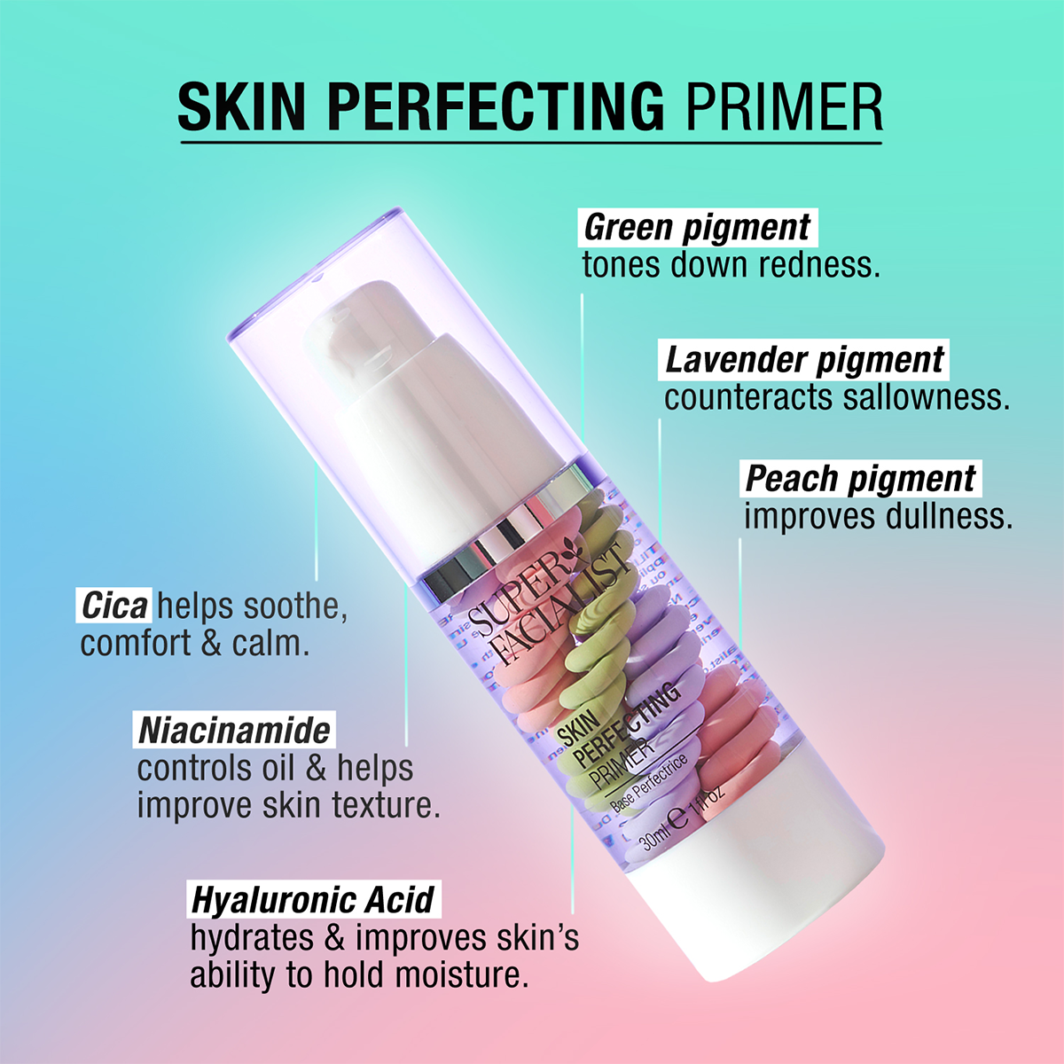 Skin perfecting primer,cica helps soothe, comfort and calm,green pigment tones down redness,niacinamide controls oil and helps improve skin texture, hyaluronic acid hydrates and improves skin's ability to hold moisture,lavender pigment counteracts sallowness,peach pigment improves dullness 