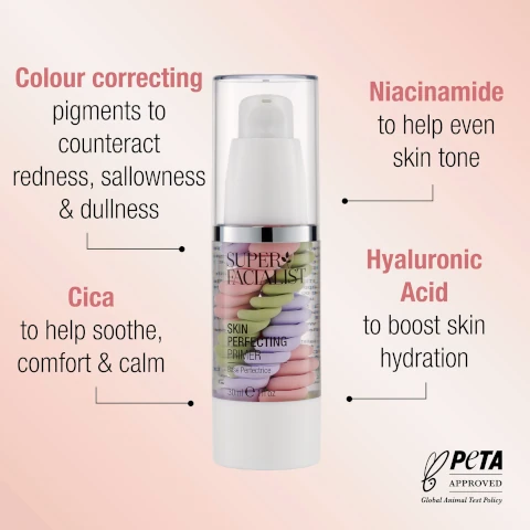 colour correcting pigments to counteract redness, sallowness and dulness. cica = to help soothe, comfort and calm. niacinamide to help even skin tone. hyaluronic acid to boost skin hydration. peta approved - cruelty free.