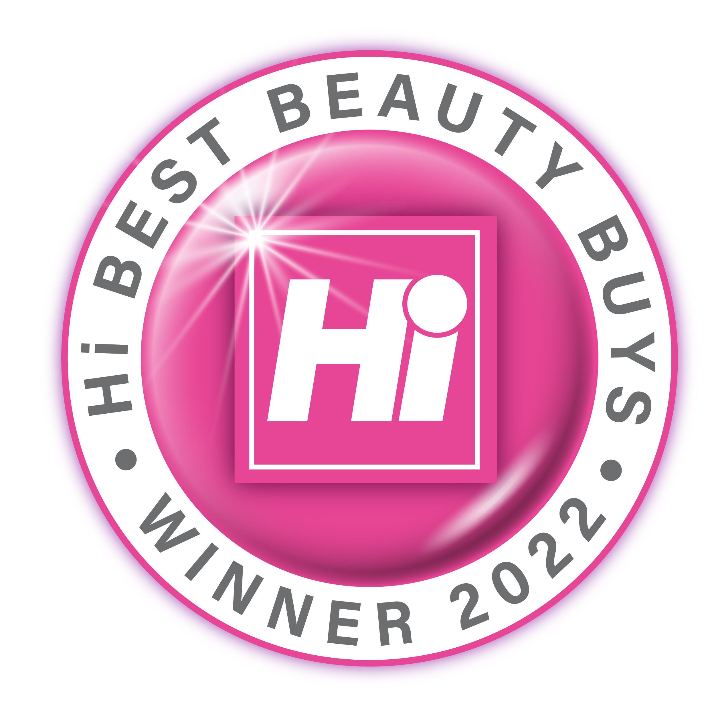 The image shows an award from hi. This is a pink circle with hi in the middle and Best beauty buys winner 2022 around the outside.