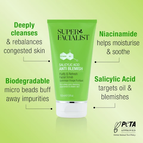 deeply cleanses and rebalances congested skin. niacinamide helps moisturise and soothe. biodegradable micro beads biff away impurities. salicylic acid targets oil and blemishes. peta approved - cruelty free.