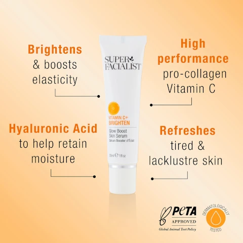 brightens and boosts elasticity. high performance pro collagen vitamin c. hyaluronic acid to help retain moisture. refreshes tired and lack lustre skin. peta approved - cruelty free. dermatologically tested.
