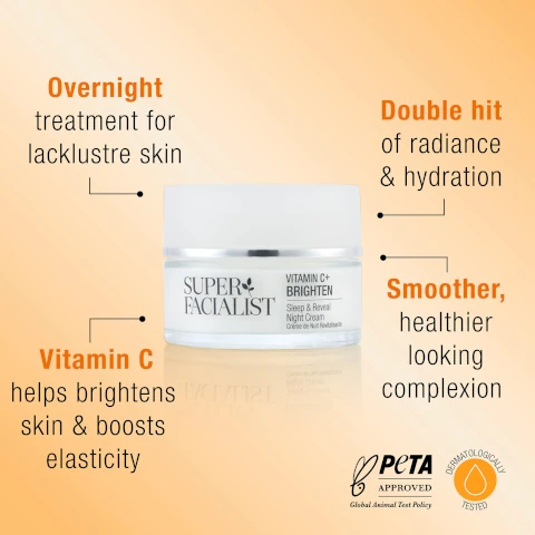 overnight treatment for lacklustre skin. double hit of radiance and hydration. smoother, healthier looking complexion. vitamin c helps brightens skin and boosts elasticity. peta approved - cruelty free, dermatologically tested