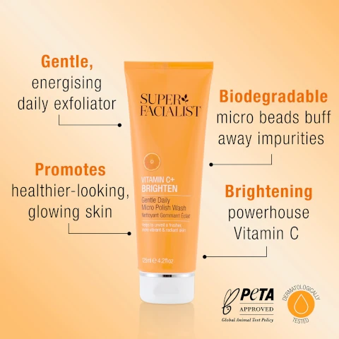 gentle, energising daily exfoliator. biodegradable micro beads buff away impurities. promotes healthier looking, glowing skin. brightening powerhouse vitamin c. peta approved, cruelty free. dermatologically tested.
