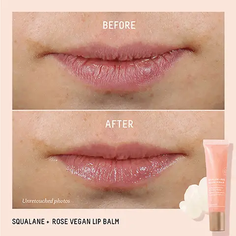 Image 1, BEFORE AFTER Unretouched photos SQUALANE ROSE VEGAN LIP BALM + Image 2, WAKAME ALGAE Helps restore visible plumpness in as little as 14 days BIOSSANCER SQUALANE ROSE VEGAN LIP BALM Ba Nur My My ROSE WAX A fragrance-free, essential- oil-free, luxurious vegan alternative to beeswax ULTRA-HYDRATION BLEND Synergistic blend of ceramides, hyaluronic acid & sugarcane-derived squalane to intensely moisturize, smooth and visibly plump lips Image 3, BIOSSANCE: SQUALANE ROSE VEGAN LIP BALM Lip Balm Nourishes & VisiMy Plumps Barres noun ete ciblement AFTER 1 USE 100% agree their lips feel nourished and moisturized1 97% saw an improvement in the appearance of their dry lips' 97% agree their lips are more defined1 052 02 Based on a 14 day consumer study of 34 female subjects. oges 25-60