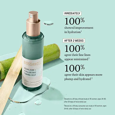 Image 1, BIOSSANCE SQUALANE HYALURONIC TONING MIST IMMEDIATELY 100% showed improvement in hydration' AFTER 2 WEEKS 100% agree their fine lines appear minimized? 100% agree their skin appears more plump and hydrated 2 'Based on a 28-day clinical study of 35 women ages 36-60, efter 28 days of twice daily use 2Based on a 28-day consumer use study of 35 women, ages 36-60, after 28 days of twice daily use Image 2, 5 WAYS TO USE BIOSSANCE SQUALANE HYALURONIC TONING MIST After cleansing Refresh makeup C Post workout Travel and in-flight Midday pick-me-up Trentonit