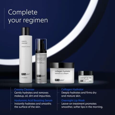 Image 1, complete your regiment. creamy cleanser, gently hydrates and removes makeup, oil, dirt and impurities. hyaluronic acid boosting serum, instantly hydrates and smooths the surface of the skin. collagen hydrator, deeply hydrates and firms dry and mature skin. overnight lip mask, leave on treatment promotes smoother, softer lips in the morning. Image 2, verified customer review = i really love this product, i put it on at night, not too sticky or greasy but i wake up with luscious lips.
