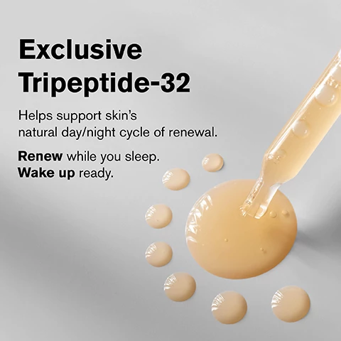 Image 1, exclusive tripeptide-32 helps support skin's natural day/night cycle of renewal. renew while you sleep, wake up ready. image 2, advanced night repair, 1 serum 7 benefits: reduces lines, firms, evens tone, fortifies, hydrates, boosts radiance, soothes. image 3, exclusive tripeptides-32, hyaluronic acid, vitamin e. image 4, 89% said skin felt firmer. consumer testing on 543 women after 4 weeks of product use.