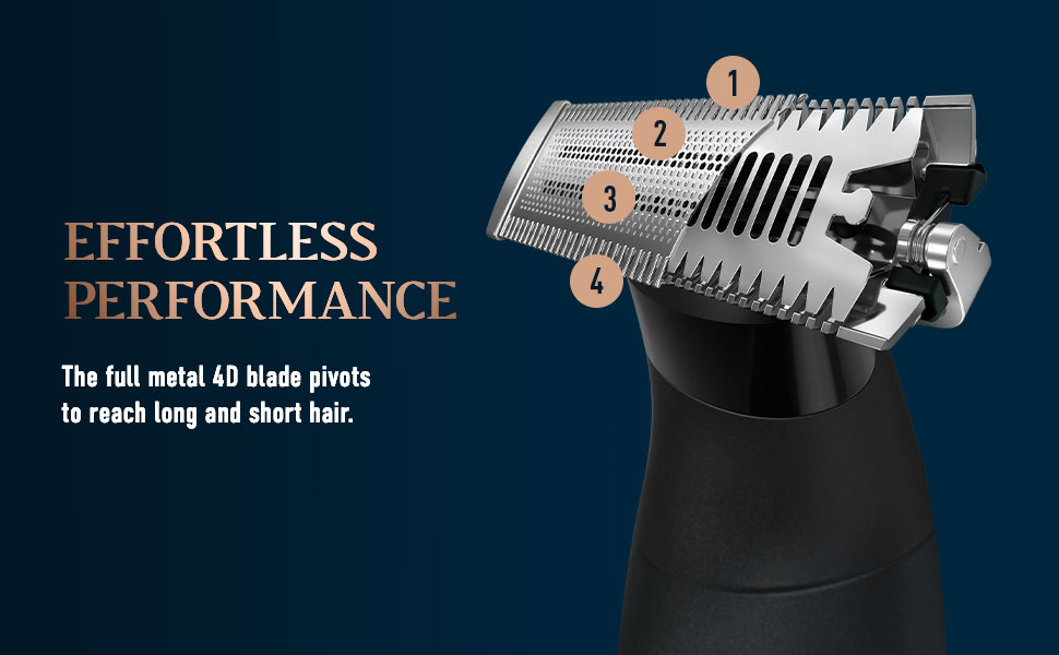 EFFORTLESS PERFORMANCE The full metal 4D blade pivots to reach long and short hair.