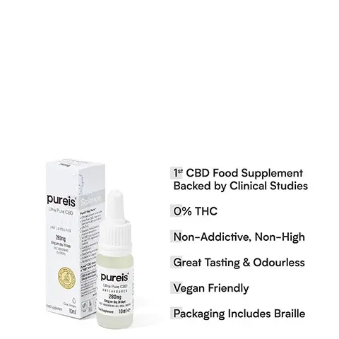 
              1st CBD Food Supplement To Use FDA Registered Raw Material, CBD is permitted by the World Anti-Doping Agency, Quality Guaranteed By GMP Certification ,Ultra Pure CBD 20mg. pure's j Survive. Revive. Thrive. Ultra Pure CBD . 1st CBD Food Supplement Backed by Clinical Studies 0% THC Non-Addictive, Non-High Great Tasting & Odourless Vegan Friendly Packaging Includes Braille. I've been taking Pureis® CBD since it launched. It has such a positive impact on my overall wellbeing. I couldn't recommend it enough. It's quick and easy to use. I take it every morning to kick start my day. 20 Time Champion Jockey and BBC Sports Personality of the Year 2010. Excellent. Trustpilot. Directions: Shake the bottle before use and fill the dropper to the mark of 0.35ml. Place oil under the tongue and hold for 60 seconds before swallowing. This represents your daily intake. Ingredients: MCT oil (medium chain triglycerides), Ultra Pure Cannabidiol (CBD). 