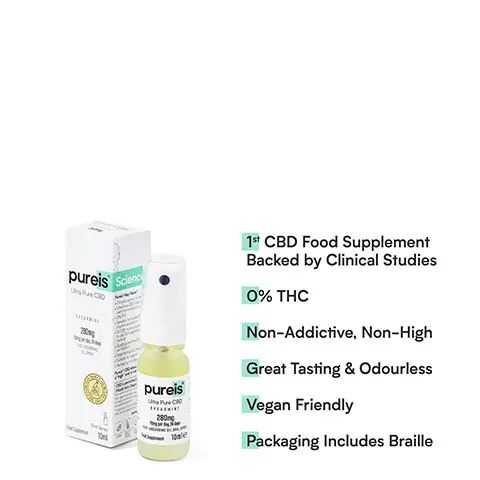 
              1st CBD Food Supplement To Use FDA Registered Raw Material, CBD is permitted by the World Anti-Doping Agency, Quality Guaranteed By GMP Certification ,Ultra Pure CBD 20mg. pure's j Survive. Revive. Thrive. Ultra Pure CBD . 1st CBD Food Supplement Backed by Clinical Studies 0% THC Non-Addictive, Non-High Great Tasting & Odourless Vegan Friendly Packaging Includes Braille. I've been taking Pureis® CBD since it launched. It has such a positive impact on my overall wellbeing. I couldn't recommend it enough. It's quick and easy to use. I take it every morning to kick start my day. 20 Time Champion Jockey and BBC Sports Personality of the Year 2010. Excellent. Trustpilot. Directions: 
              Shake before use and spray twice under the tongue, hold for 60 seconds before swallowing. This represents your daily intake. 
              Ingredients: 

              MCT oil (medium chain triglycerides), Ultra Pure Cannabidiol (CBD), Flavouring: Spearmint (Mentha Spicata Herb). 
              pureese 
              Ultra Pure CBD SPEARMINT 280mg 10mg per day, 28 days ABS.,. OIL ORALSPRA? iocri Supplement 1 OM e. 