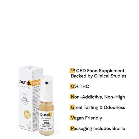 
              1st CBD Food Supplement To Use FDA Registered Raw Material, CBD is permitted by the World Anti-Doping Agency, Quality Guaranteed By GMP Certification ,Ultra Pure CBD 20mg. pure's j Survive. Revive. Thrive. Ultra Pure CBD . 1st CBD Food Supplement Backed by Clinical Studies 0% THC Non-Addictive, Non-High Great Tasting & Odourless Vegan Friendly Packaging Includes Braille. I've been taking Pureis® CBD since it launched. It has such a positive impact on my overall wellbeing. I couldn't recommend it enough. It's quick and easy to use. I take it every morning to kick start my day. 20 Time Champion Jockey and BBC Sports Personality of the Year 2010. Excellent. Trustpilot. Directions: 
              Shake before use and spray twice under the tongue, hold for 60 seconds before swallowing. This represents your daily intake. 
              Ingredients: 
              MCT oil (medium chain triglycerides), Ultra Pure Cannabidiol (CBD), Flavouring: Orange (Citrus Aurantium Dulcis). 
              • 
              pureis® 
              Ultra Pure CBD c ORANGE ' 280mg 'Ming per day,28 days FAST ABSORBING OIL ORAL SPRAY food Supplement lomle  