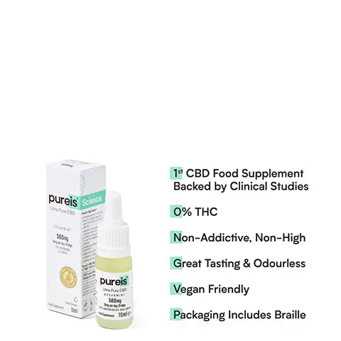 
              1st CBD Food Supplement To Use FDA Registered Raw Material, CBD is permitted by the World Anti-Doping Agency, Quality Guaranteed By GMP Certification ,Ultra Pure CBD 20mg. pure's j Survive. Revive. Thrive. Ultra Pure CBD . 1st CBD Food Supplement Backed by Clinical Studies 0% THC Non-Addictive, Non-High Great Tasting & Odourless Vegan Friendly Packaging Includes Braille. I've been taking Pureis® CBD since it launched. It has such a positive impact on my overall wellbeing. I couldn't recommend it enough. It's quick and easy to use. I take it every morning to kick start my day. 20 Time Champion Jockey and BBC Sports Personality of the Year 2010. Excellent. Trustpilot. Directions: 
              Shake the bottle before use and fill the dropper to the mark of 0.35m1. Place all under the tongue and hold for 60 seconds before swallowing. This represents your daily intake. 

              (63 _,A.), c.56.C) V9 \''e \*\ , * ,0  Ingredients: \P ,' , 0,- ,,') I. 0 - C§Z). 0 0 ,:\%''' MCT oil (medium chain triglycerides), Ultra „  Pure Cannabidiol (CBD), Flavouring: ''''N o' %.4 Spearmint (Mentha Spicata Herb). 10--)   