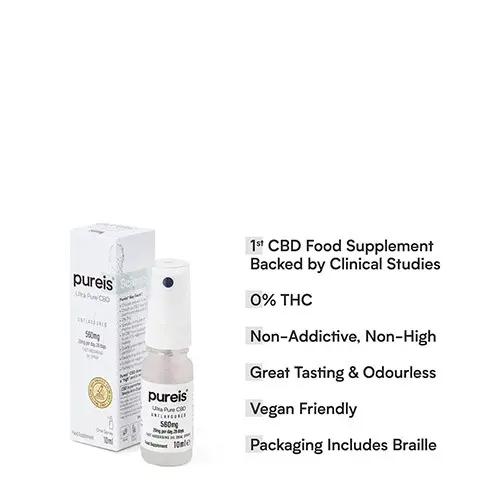 
              1st CBD Food Supplement To Use FDA Registered Raw Material, CBD is permitted by the World Anti-Doping Agency, Quality Guaranteed By GMP Certification ,Ultra Pure CBD 20mg. pure's j Survive. Revive. Thrive. Ultra Pure CBD . 1st CBD Food Supplement Backed by Clinical Studies 0% THC Non-Addictive, Non-High Great Tasting & Odourless Vegan Friendly Packaging Includes Braille. I've been taking Pureis® CBD since it launched. It has such a positive impact on my overall wellbeing. I couldn't recommend it enough. It's quick and easy to use. I take it every morning to kick start my day. 20 Time Champion Jockey and BBC Sports Personality of the Year 2010. Excellent. Trustpilot. Directions: 
              Shake before use and spray twice under the tongue, hold for 60 seconds before swallowing. This represents your daily intake. 
              • 

              Ingredients: 
              MCT (medium chain triglycerides) coconut oil, Ultra Pure Cannabidiol (CBD) powder. 
              pureis® 
              Ultra Pure CBD UNFL AV OURED 560mg 20mg per day, 28 days FAST ABSORBING OIL ORAL SPRAY food Supplement 10mle •   