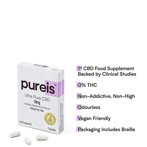 
              1st CBD Food Supplement To Use FDA Registered Raw Material, CBD is permitted by the World Anti-Doping Agency, Quality Guaranteed By GMP Certification ,Ultra Pure CBD 20mg. pure's j Survive. Revive. Thrive. Ultra Pure CBD . 1st CBD Food Supplement Backed by Clinical Studies 0% THC Non-Addictive, Non-High Great Tasting & Odourless Vegan Friendly Packaging Includes Braille. I live with CFS and fibromyalgia. I wasn't sure about using CBD, then a few months ago I tried Pureis® and it really helped me with this and general wellbeing. As Pureis® is backed by clinical studies and has 0% THC, it seemed like the perfect brand to try. I've noticed a real improvement since starting Pureis® and it's now part of my daily wellbeing routine.Excellent 
              Trustpilot Ingredients: 

              Ultra Pi 10 MIVANCE A8S01; 'OM per d 
              Bulking Agent (Cellulose), Capsule Shell (Hydroxypropyl Methylcellulose, Gellan Gum, Titanium Dioxide), Ultra Pure Cannabidiol (CBD), Anti-Caking Agent (Stearic Acid, Silicon Dioxide) 

              Food Supplement UNINE 7 
              ADOO 