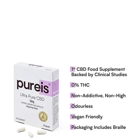 
              1st CBD Food Supplement To Use FDA Registered Raw Material, CBD is permitted by the World Anti-Doping Agency, Quality Guaranteed By GMP Certification ,Ultra Pure CBD 20mg. pure's j Survive. Revive. Thrive. Ultra Pure CBD . 1st CBD Food Supplement Backed by Clinical Studies 0% THC Non-Addictive, Non-High Great Tasting & Odourless Vegan Friendly Packaging Includes Braille. I live with CFS and fibromyalgia. I wasn't sure about using CBD, then a few months ago I tried Pureis® and it really helped me with this and general wellbeing. As Pureis® is backed by clinical studies and has 0% THC, it seemed like the perfect brand to try. I've noticed a real improvement since starting Pureis® and it's now part of my daily wellbeing routine. Excellent 
              Trustpilot Ingredients: 

              Ultra Pi 10 MIVANCE A8S01; 'OM per d 
              Bulking Agent (Cellulose), Capsule Shell (Hydroxypropyl Methylcellulose, Gellan Gum, Titanium Dioxide), Ultra Pure Cannabidiol (CBD), Anti-Caking Agent (Stearic Acid, Silicon Dioxide) 