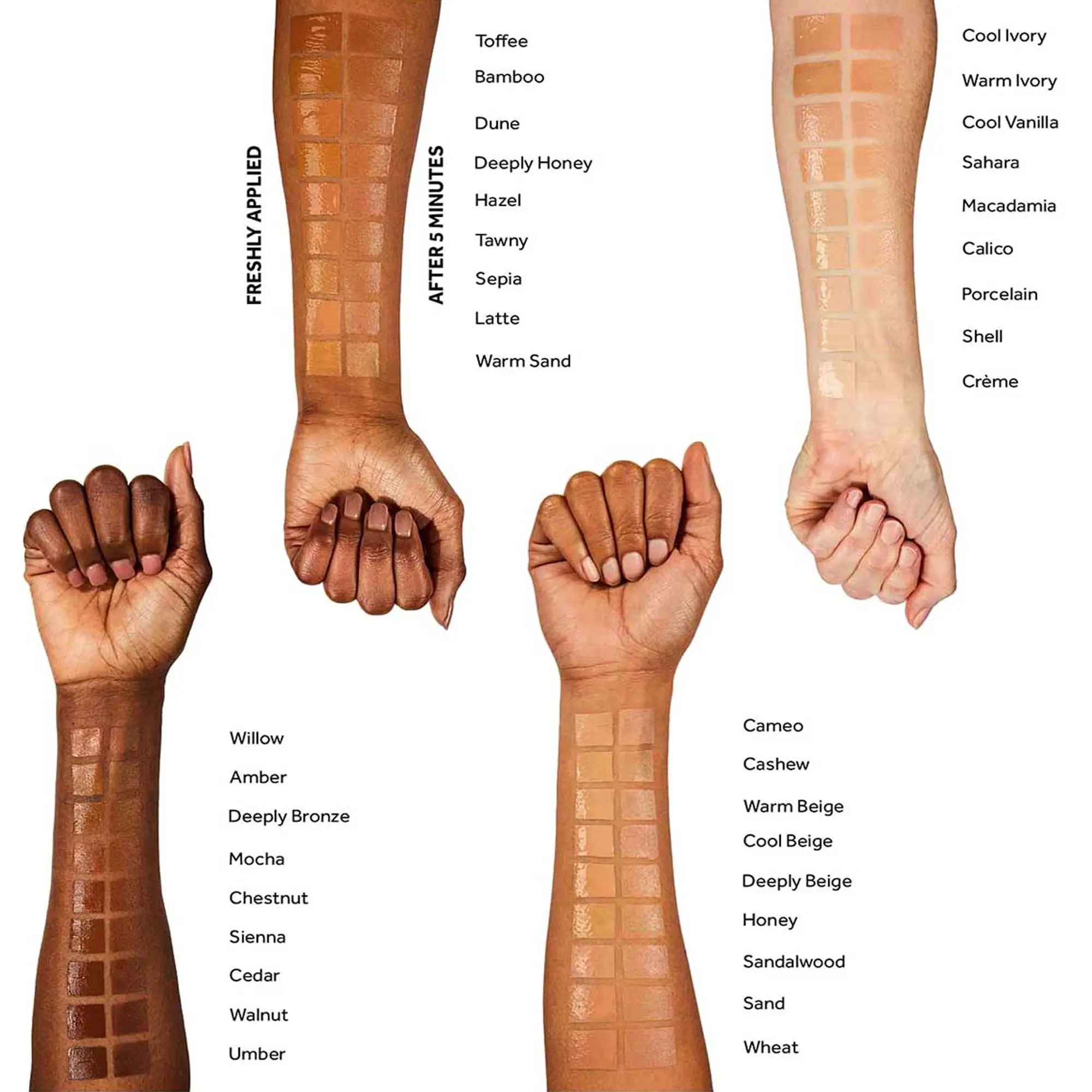Image showing all the different shades applied in swatches on different skin colours with Freshly applied and After 5 minutes. Each Swatch has the relevant shade named next to it