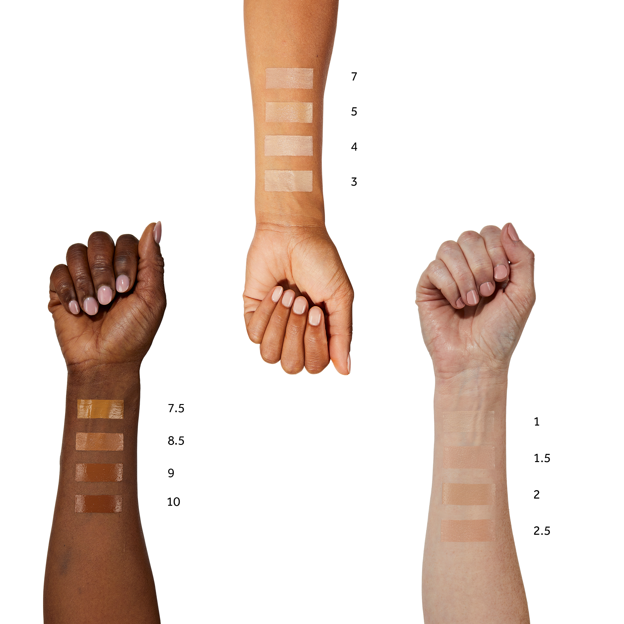 The image shows how the shades look on different skin types and the numbers show the shades