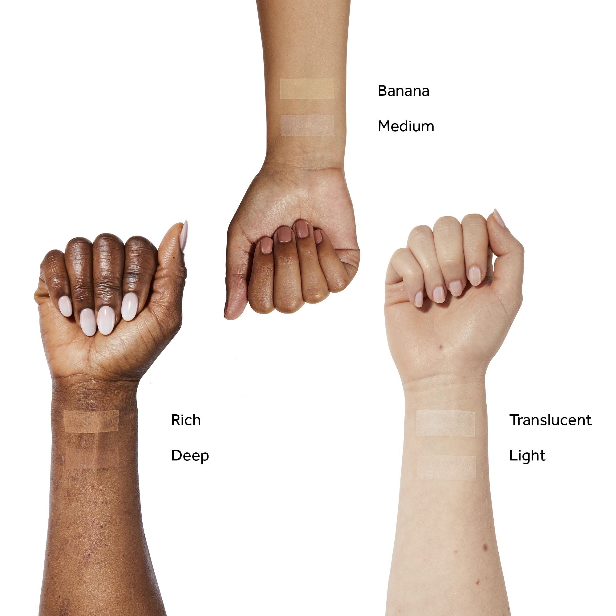 The image shows how the shades look on different skin types and the numbers show the shades. Rich, Deep. Banana, Medium. Translucent, Light.