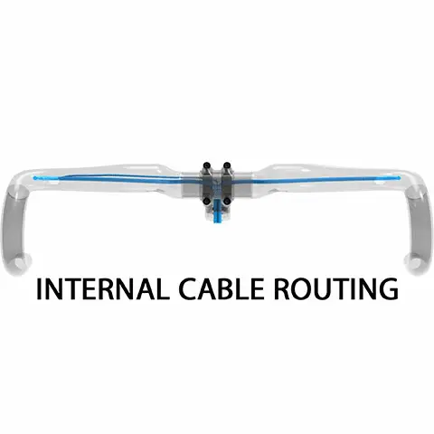 Gif showing the handlebars displaying the different ways to route cables. The first image reads Internal routing, the second image reads external routing