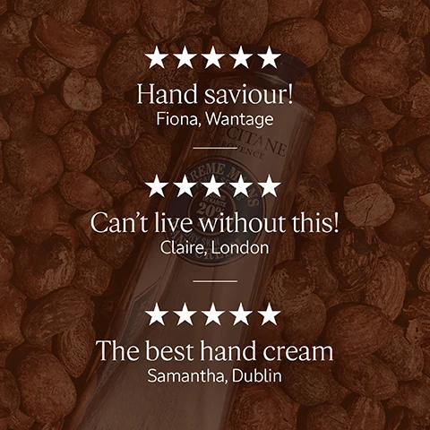 image 1, customer reviews: 5 star hand saviour, can't live without this, the best hand cream. image 2, provides 8 hours of intense hydration. image 3, made with 100% organic and fair trade shea butter. image 4, 95% recycled aluminium packaging. reducing waste.
