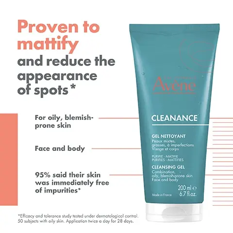 Image 1 - A turquoise tube of Avene Cleanance cleansing gel with visible text stating it is proven to mattify and reduce the appearance of spots, designed for oily, blemish-prone skin for face and body, and noting that 95% of users said their skin was immediately free of impurities.
              Image 2 - A turquoise tube of Avène Cleanance cleansing gel displays benefits such as mattifies, cleanses, soothes, and light texture, with visible text 200 ml 6.7 fl. oz. and additional details in French.
              Image 3 - Three skincare products from Avène are displayed: a teal cleansing gel labeled Cleanance, a white anti-blemish moisturizing concentrate labeled Cleanance, and an orange SPF 50 oil control fluid labeled Ultra Fluid, with instructions to cleanse, moisturize, and protect.
              Image 4 - Image showing a close-up of aqua-colored bubbles, with the text SOFT AND LIGHT FOAM at the top and Easy to rinse-off in the bottom right corner.