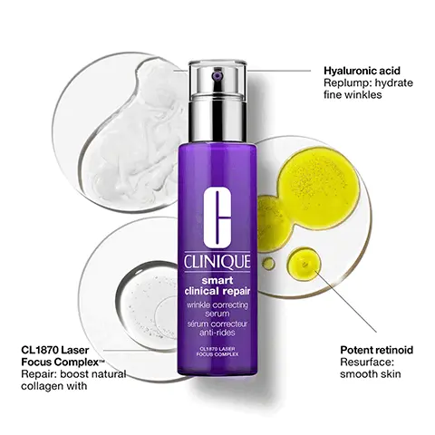Hyaluronic acid replump, hydrate fine wrinkles. CL1870 Laser Focus Complex repair, boost natural collagen. Potent retinoid resurface smooth skin. A serum for every face. Find yours- Clinique Smart Clinical Repair Wrinkle Correcting Serum, for wrinkles and fine lines, plus uneven texture. Visibly repairs, resurfaces, and re-plumps wrinkles. Peptide-rich CL1870 Complex retinoid and hyaluronic acid. Use AM and PM. Clinique Smart Night Clinical MD Retinol for uneven texture, dull tone, wrinkles. Resurfaces skin while hydrating, 0.3% retinol plus hyaluronic acid. Use PM only. Even Better Clinical Dark Spot Interrupter for dark spots, age spots, blemish marks. Brightens, visibly reduces darks pots by 39%. Our powerful brightener CL302 Complex with Vitamin C. Use AM and PM. Lightweight, silky gel formula, hydrating, soothing, quick absorbing, non-sticky. Smart Serum Recommended Routine- AM Smart Clinical Repair Serum and Smart SPF 15 Custom Moisturiser. PM Smart Clinical Repair Serum and Smart Night Custom Moisturiser. How to recycle, remove the cap and pump and throw away. Rinse the bottle. Place bottle in recycling bin. Key Ingredients, Potent Retinoid helps support skin's natural renewal. Hyaluronic Acid hydrates to diminish the appearance of fine, dry lines. CL1870 Peptide Complex designed to help support the skin's youthful appearance. Renews, replumps, resurfaces. 