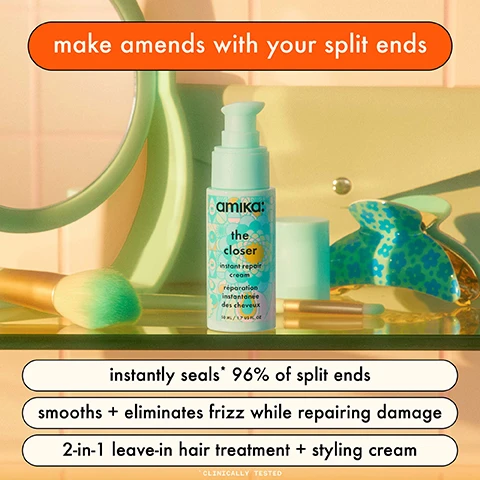 Image 1, make amends with your split ends. instantly seals 96% of split ends. smooths and eliminates frizz while repairing damage. 2 in 1 leave in hair treatment and styling cream. image 2, a fresh trim in a bottle. sea buckthorn = superfruit loaded with vitamins to nourish hair. vegan proteins = amino acids that can provide keratin like benefits. bond cure technology = targets bonds in hair that are most prone to breakage. image 3, your strongest hair yet. gently cleanse and repair. hydrate damaged stranfs. strengthen and repair in 60 seconds. instantly seal split ends. reduce breakage and prevent further damage.