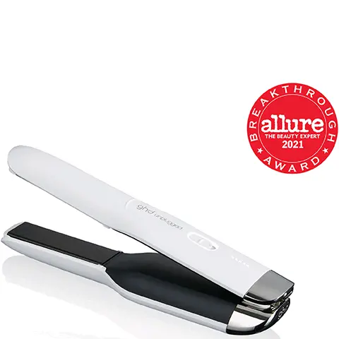 Image 1, Break Through award allure the expert 2021. Image 2, optimum styling temperature 365 F, hybrid co-lithium technology and up to 20 mins of GHD performance. Image 3, cordless on the go, USB-C charging and flight friendly.
