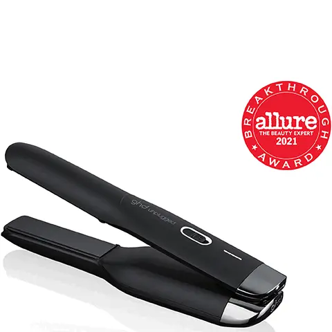 Image 1, Break Through award allure the expert 2021. Image 2, optimum styling temperature 365 F, hybrid co-lithium technology and up to 20 mins of GHD performance. Image 3, cordless on the go, USB-C charging and flight friendly.