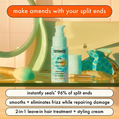 make amends with your split ends, instantly seals* 96% of split ends, smooths + eliminates frizz while repairing damage, 2-in-1 leave-in hair treatment + styling cream. A fresh trim in a bottle. Sea buckthorn superfruit loaded with vitamins to nourish hair. Vegan proteins amino acids that can provide keratin-like benefits. bond cure technology targets bonds in hair that are most prone to breakage. Your strongest hair yet. Gently cleanse + repair. hydrate damaged strands. reduce breakage + prevent further damage. instantly seal split ends. strengthen + repair in 60 seconds.