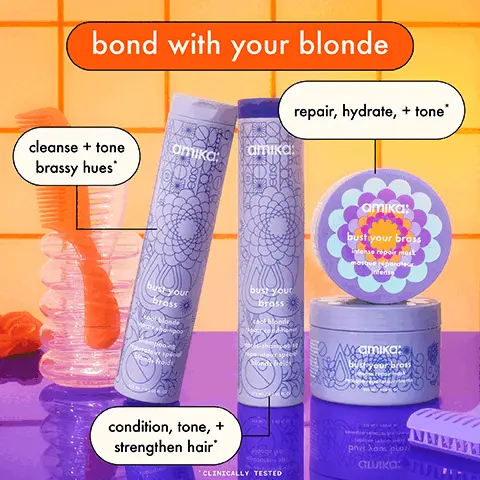 bond with your blonde, repair, hydrate, + tone*, cleanse + tone brassy hues, condition, tone, + strengthen hair. CLINICALLY TEST. before and after. Bust your brass routines all blondes welcome.